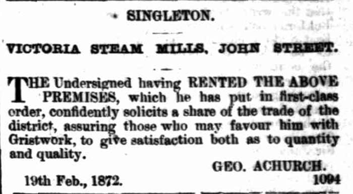 Achurch's Victoria Steam Mills advertisement at Singleton