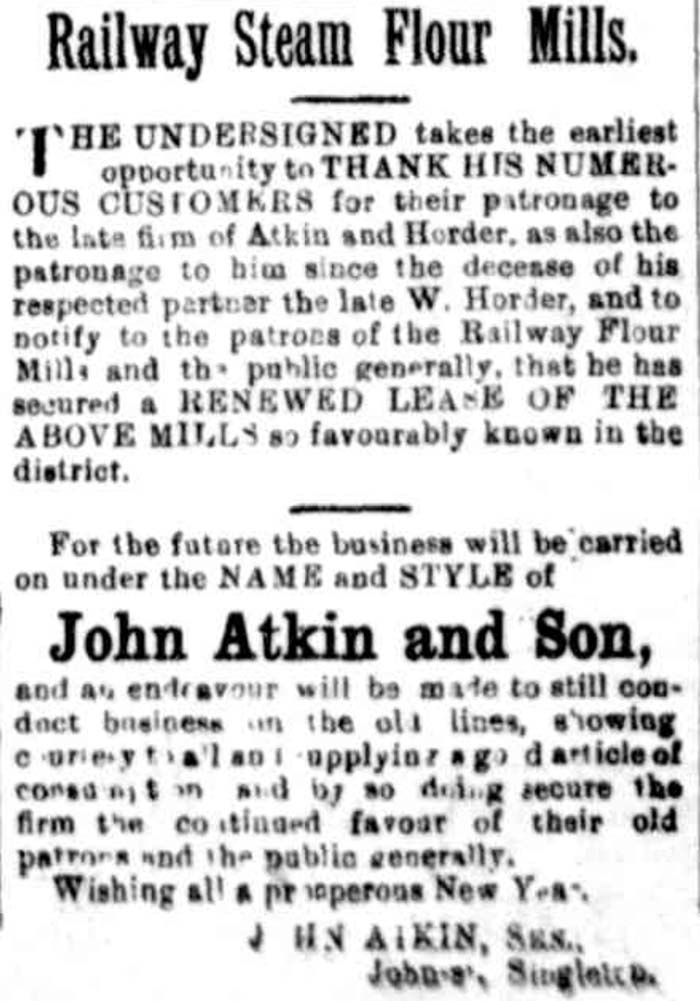Advertisement about the Railway Steam Mills at Singleton