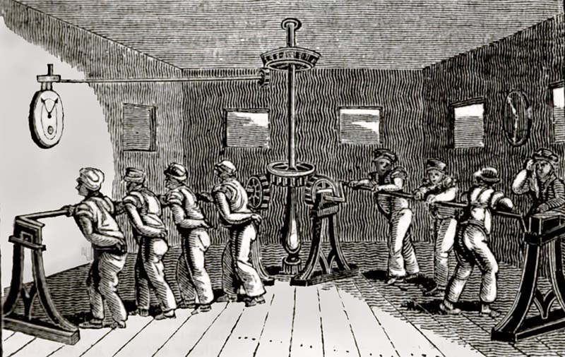 An 1823 concept drawing of a crankmill that could be used in a prison. This design shows seven convicts turning two long crank handles with their hands. Gear wheels and a vertical shaft transfer the power produced by the men up through the ceiling to the upper floor, to drive a set of millstones grinding grain into flour.