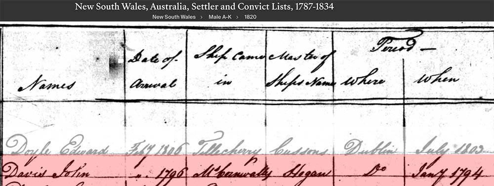 A convict indent recording Millwright John Davis' arrival in Australia in 1796.