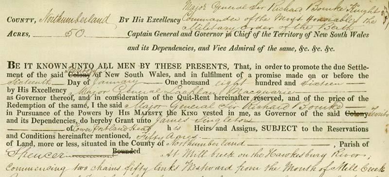 james singleton grant of 50 acres at dillons creek where he built a flour mill
