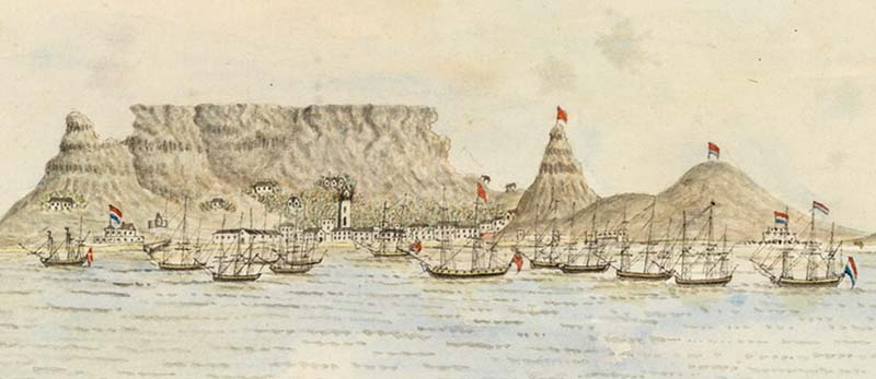 The First Fleet anchored at Cape Town in southern Africa in November 1787