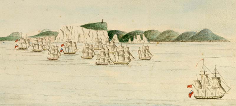 The First Fleet sailing away from England in May 1787
