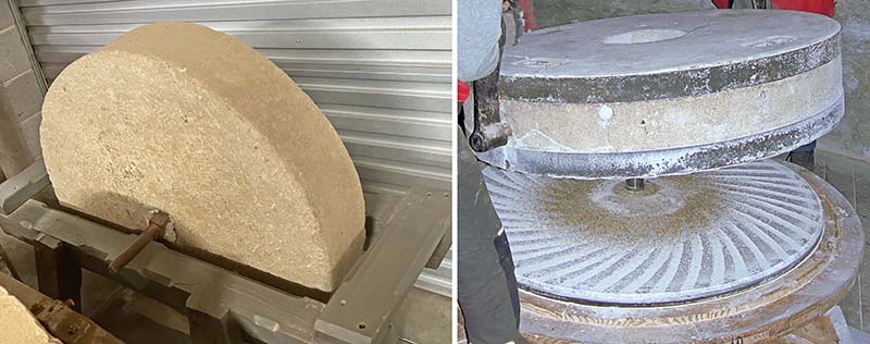 A comparison of a vertical grindstone, used to sharpen steel tools, with a pair of millstones, used to grind grain in a flour mill.