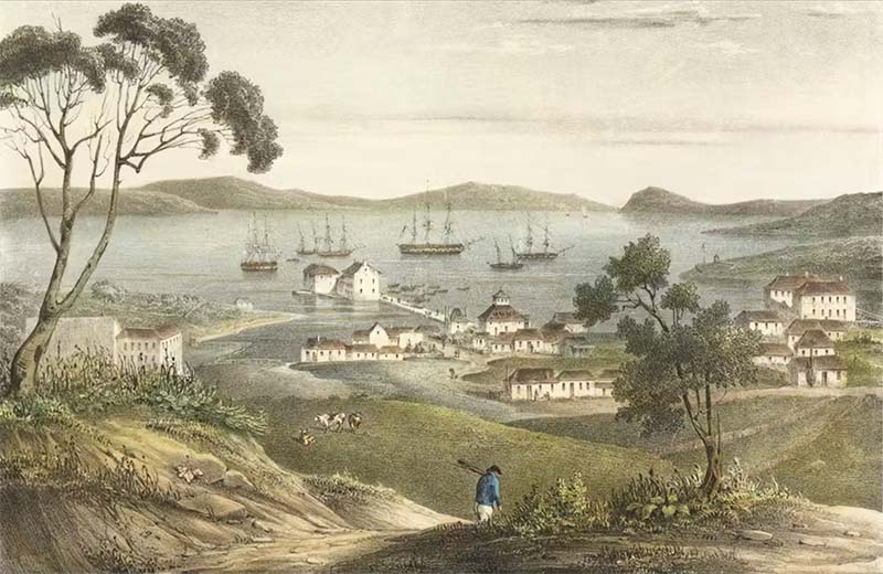 A coloured lithograph showing Hobart-Town and its harbour in the 1820s, with sailing ships in the harbour and early colonial buildings. Achille St. Aulaire.