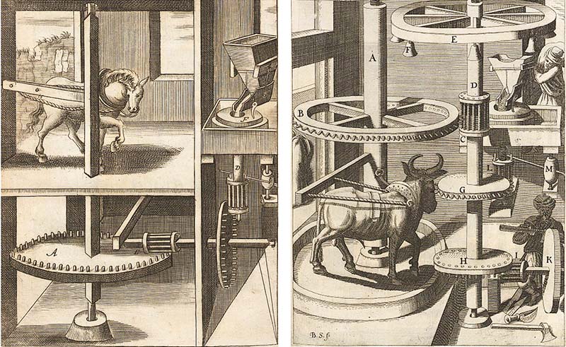 Drawings of flour mill designs from the 1600s: a horse powered mill and an ox powered mill.