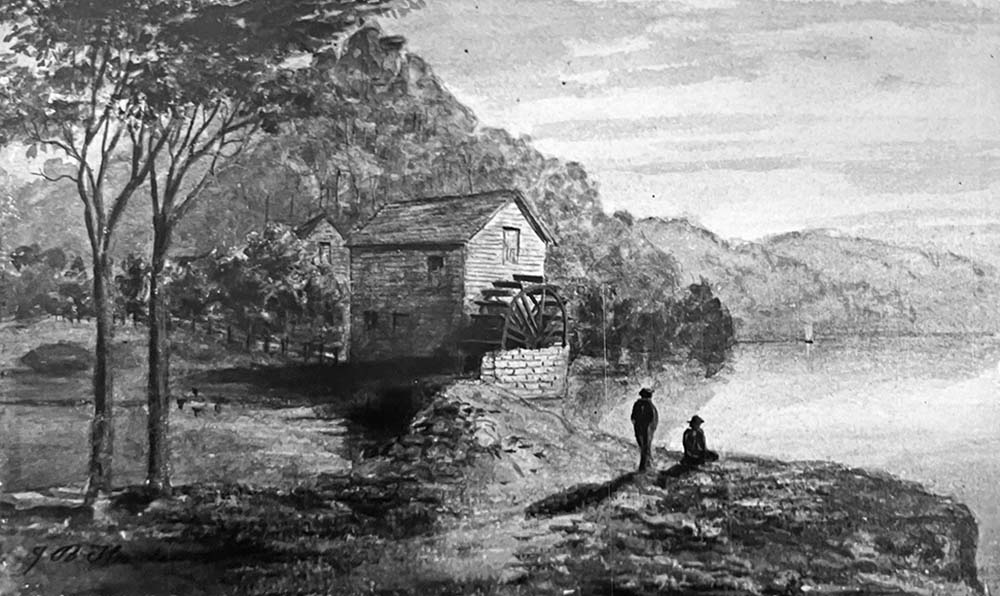 An 1877 painting of Singletons Flour Mill and the miller's house at Layburys Creek, Wisemans Ferry NSW, by John Black Henderson.