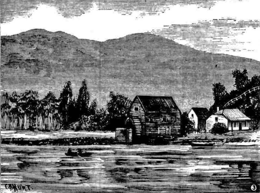 A drawing by CH Hurt from the Sydney Mail and New South Wales Advertiser in 1881 of Singletons  Mill at Laybury Creek, Wisemans Ferry NSW, 