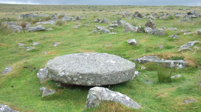 An abandoned, rounded granite stone, that may be an abandoned millstone, on Dartmoor, Devon, UK.