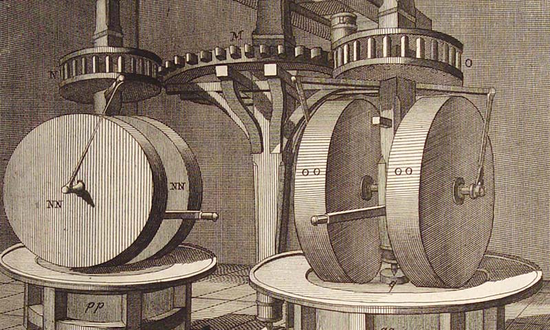 Pairs of full-sized millstones, mounted vertically, being used to grind gun powder. Engraving showing a mill in the 1700s.