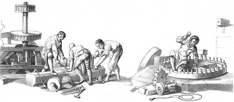 The work and skills of a Millwright is shown in this 19th century drawing by WH Pyne.