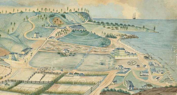 Detail from a painting by Thomas Seller in ca 1839 showing the Second Settlement of Norfolk Island. The gaol and prisoner barracks are near the shoreline and beach, and Government House is in the distance. 