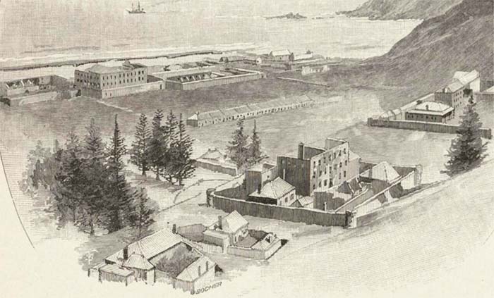 a drawing of Kingston, the main town in the Second Settlement on Norfolk Island, in the 1840s. Administrative buildings, the gaol and the building that housed the convict Crankmill can be seen.