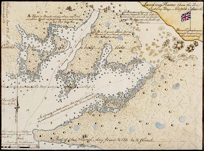A detailed chart drawn by William Bradley in 1791 showing the extensive hazardous limestone reefs stretching out into the ocean from the shoreline at the First Settlement on Norfolk Island. This limestone was later used to quarry millstones for the colony's flour mills.
