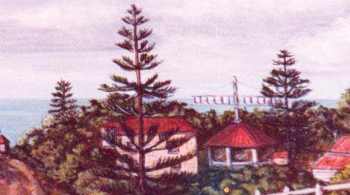 A colourful painting of The Cascade on Norfolk Island shows a hexagonal Horizontal Windmill building with wind vanes on its roof. Adjacent to this building is the two-storey mill building where the millstones and other milling mechanisms were housed.