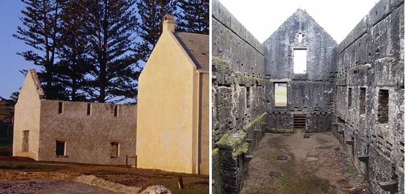 Two views of the ruins of the Crank mill building in Kingston, Norfolk Island, that was built during the Second Settlement. The building originally had two storeys. The crankmill mechanism was in the lower floor and the grinding millstones were in the upper floor. 