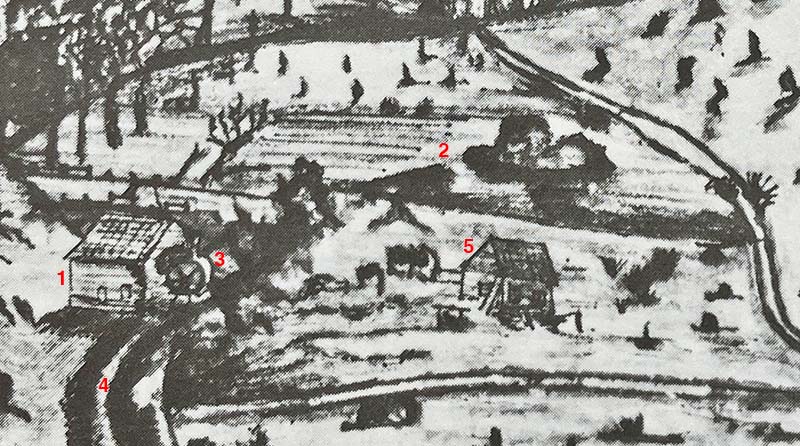 Detail from a 1796 drawing of the watermill built during the First Settlement on Norfolk Island. Labels point out the watermill, the mill dam, the waterwheel, the tail race, and a possible mill house.