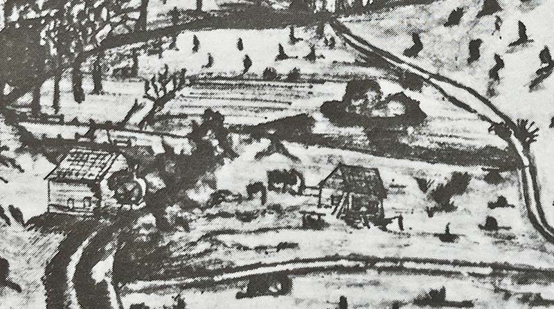 A 1796 drawing by William Neate Chapman of the watermill built during the First Settlement of Norfolk Island in Arthurs Vale.
