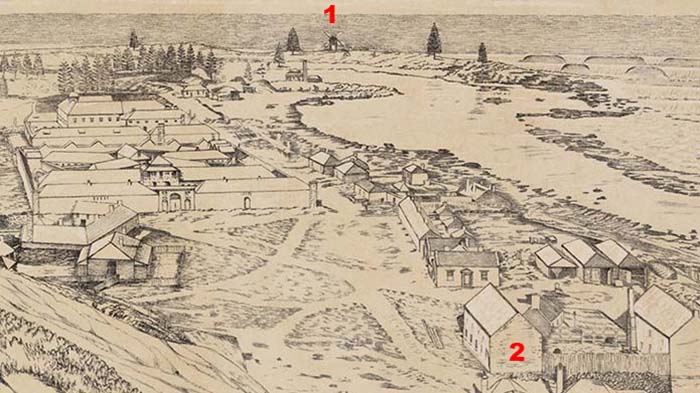 Detail from a drawing of the Second Settlement of Norfolk Island taken from Flagstaff Hill. The building that housed the Crankmill is in the foreground and a Second Settlement windmill is in the distance on Point Hunter.