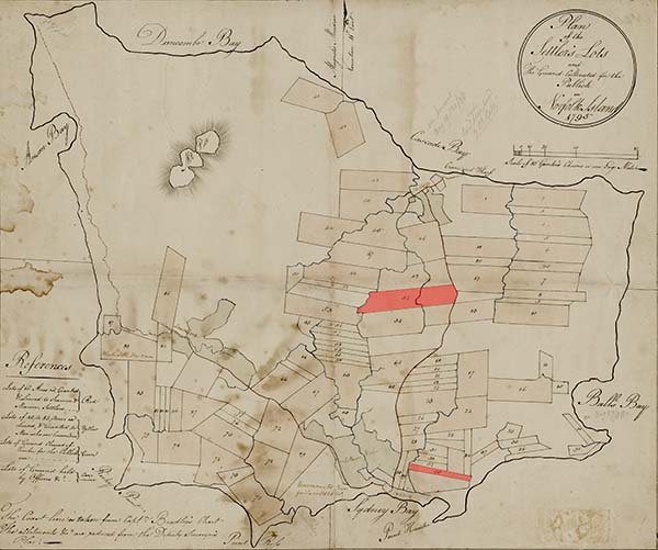 A plan of the Settlers Lots on Norfolk Island drawn in 1795 by William Neate Chapman during the First Settlement. The first two portions of land owned by Nathaniel Lucas are highlighted on this map. 