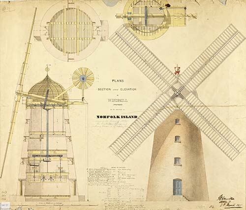 A beautifully detailed plan for an elaborate stone windmill that was proposed to be built on Norfolk Island but was never constructed. Plan by RG Hamilton, 1845.