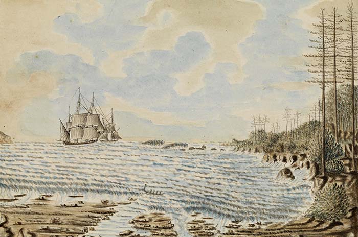 A painting by William Bradley showing the sailing ships, Sirius and Supply, in the bay adjoining the First Settlement of Norfolk Island in 1790.