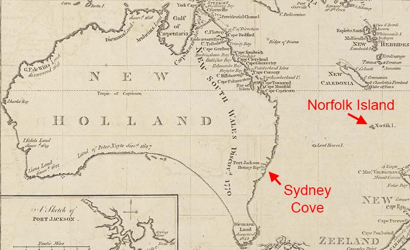 A 1790 map of Australia or New Holland showing Sydney Cove, Botany Bay and Port Jackson. 1600 km to the north east is Norfolk Island.