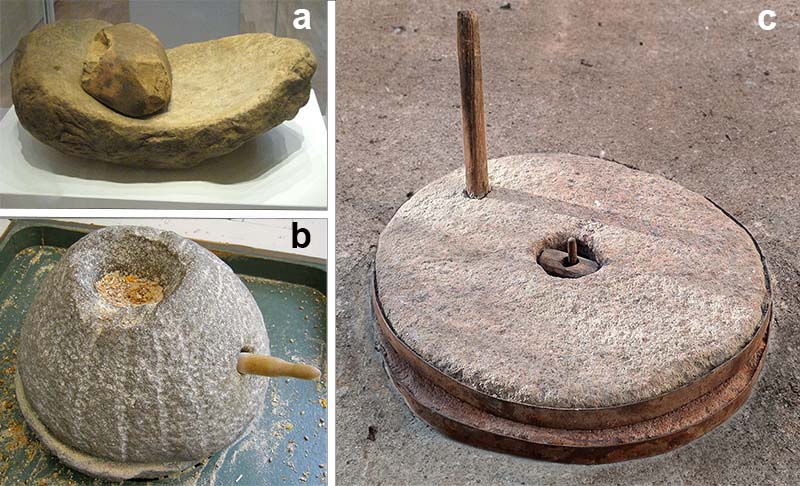 Three different types of stone Querns, small primitive, hand-powered mills for grinding flour: Saddle Quern, Beehive Quern, and a Rotary Quern.