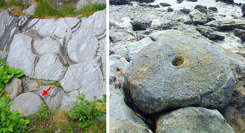 Querns and Millstones were cut from similar stone types. Here photographs show a quern quarry in Norway, and a Millstone quarry in Scotland, UK.