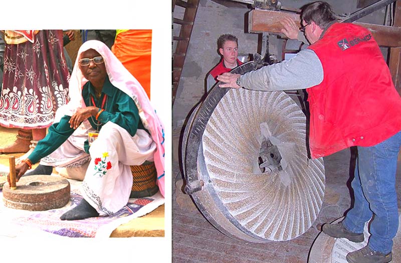 Two photographs comparing the small quern stone grain mills, turned by hand, with the huge full-sized stone millstones used to grind grain into flour in powered watermills or windmills.