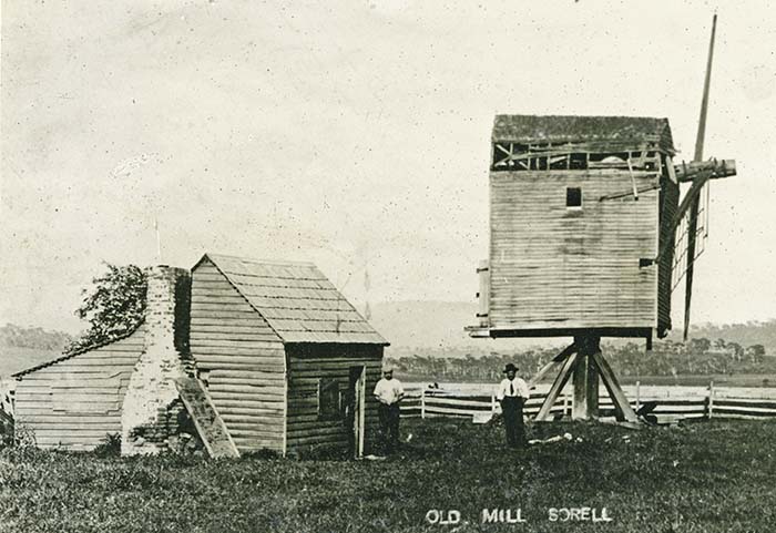 A very old post-mill-style windmill made of timber and erected at Sorell in Tasmania. Now in a state of great disrepair, it is possible that this is a windmill built by Robert Nash when he settled in Tasmania or Van Diemens Land after his years at Norfolk Island.