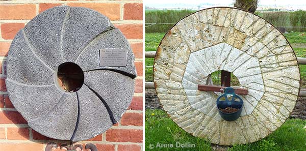 A comparison of a Cullen or Cullin millstone made from basalt like stone in Andernach, Germany, and a French Burr Stone displayed in France.