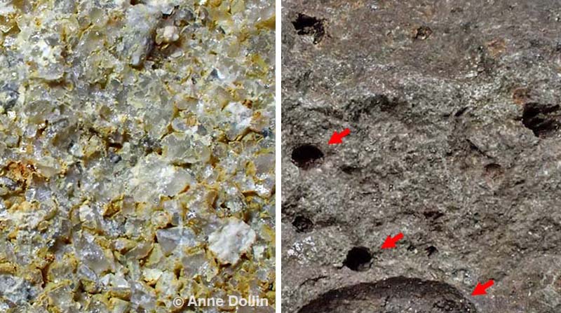 Macro photographs showing two different types of stone that produce good millstones for flour mills: Millstone Grit, with its large abrasive grains, and Vesicular Basalt with many tiny holes that provide good cutting edges.