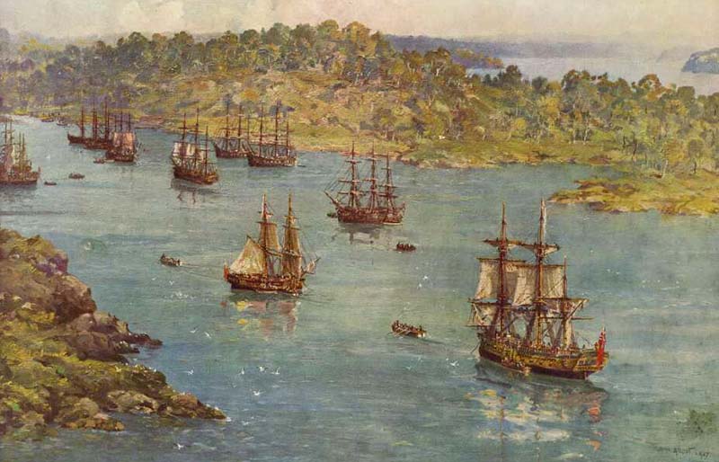 The ships of the First Fleet enter Sydney Harbour NSW in January 1788.