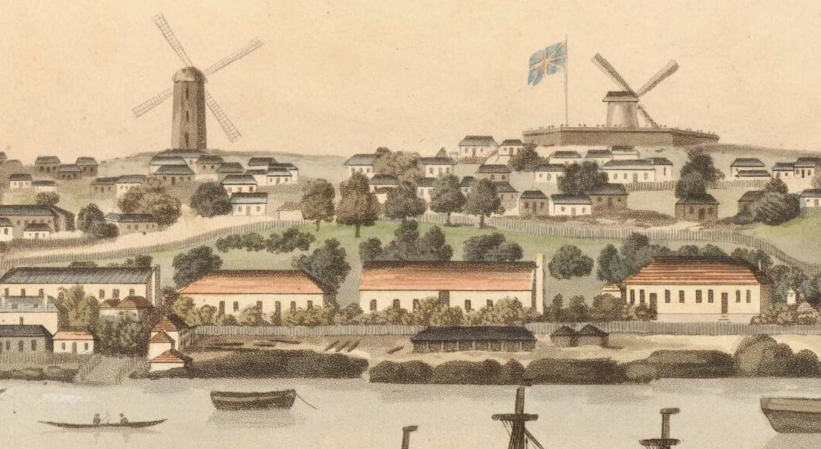 John Davis' first windmill, inside Fort Phillip, and Nathaniel Lucas' smock windmill, in a view of the western side of Sydney Cove in the early 1800s