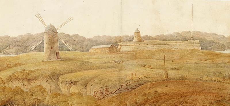 The smock windmill built by Nathaniel Lucas near Sydney Cove in 1805. This was the third Government Flour Mill.
